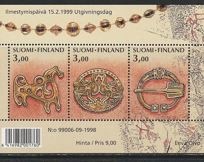 Finland Ancient Jewelry Souvenir Sheet With Three Postage Stamps Issued 1999