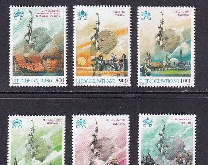 Travels of John Paul II in 1996 Set of Six Vatican City Postage Stamps