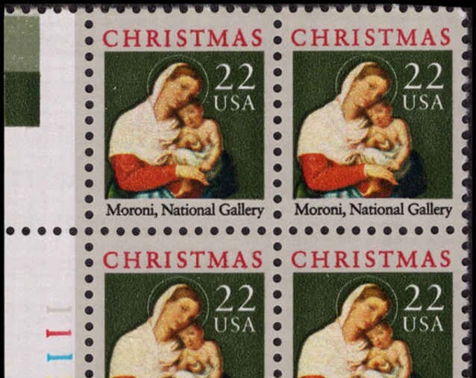 1987 Madonna and Child Plate Block of Four 22-Cent United States Christmas Postage Stamps