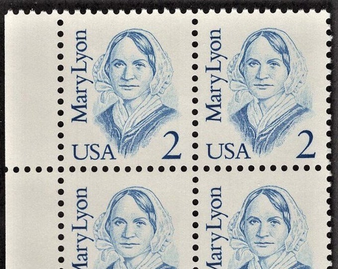1987 Mary Lyon Plate Block of Four 2-Cent United States Postage Stamps