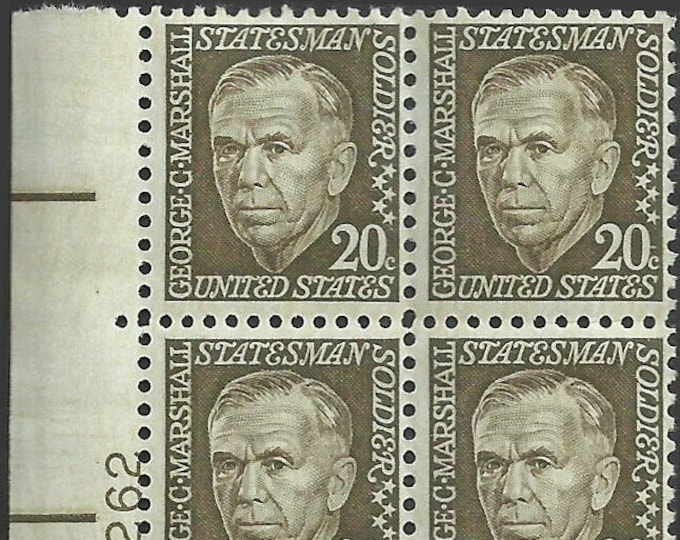 1967 George C Marshall Plate Block of Four 20-Cent United States Postage Stamps