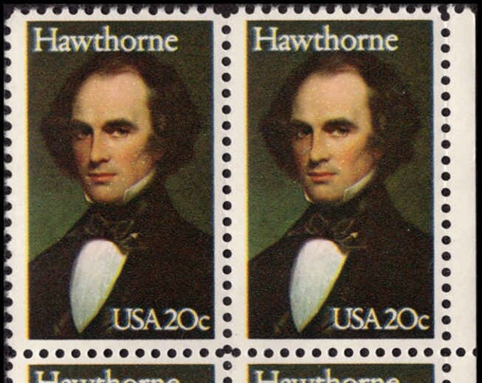 Nathaniel Hawthorne Plate Block of Four 20-Cent United States Postage Stamps Issued 1983