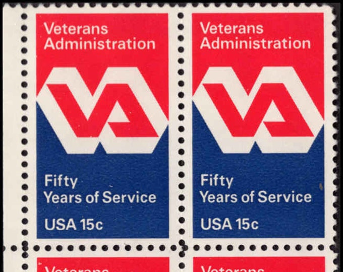 Veterans Administration Plate Block of Four 15-Cent United States Postage Stamps Issued 1980