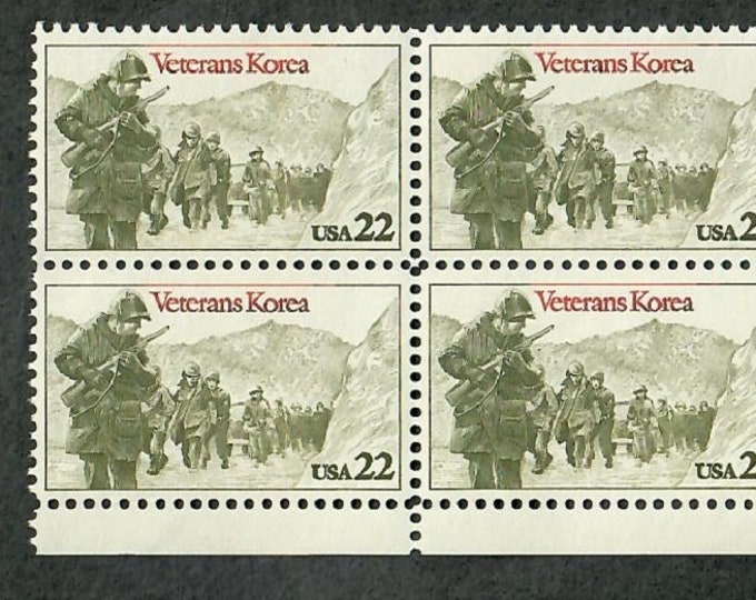 Korean War Veterans Plate Block of Four 22-Cent United States Postage Stamps Issued 1985