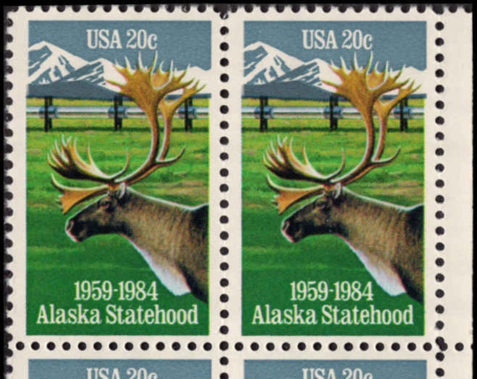 Alaska Statehood Plate Block of Four 20-Cent United States Postage Stamps Issued 1984