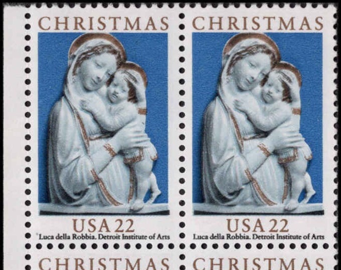 1985 Madonna and Child Plate Block of Four 22-Cent United States Christmas Postage Stamps