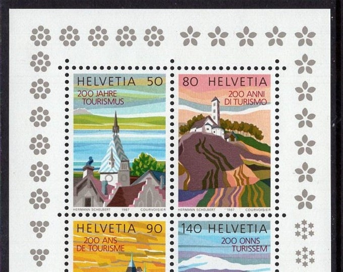 Swiss Castles and Churches Switzerland Souvenir Sheet of Four Postage Stamps Issued 1987