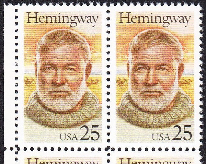 Hemingway Plate Block of Four 25-Cent United States Postage Stamps Issued 1989