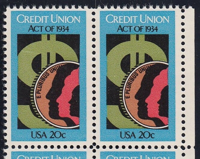 1984 Credit Union Act Plate Block of Four 20-Cent United States Postage Stamps