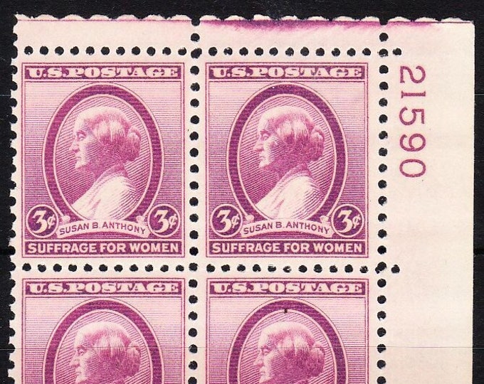 Susan B Anthony Plate Block of Four 3-Cent United States Postage Stamps Issued 1936