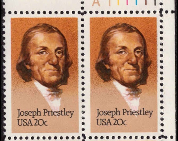 Joseph Priestley Plate Block of Four 20-Cent United States Postage Stamps Issued 1983