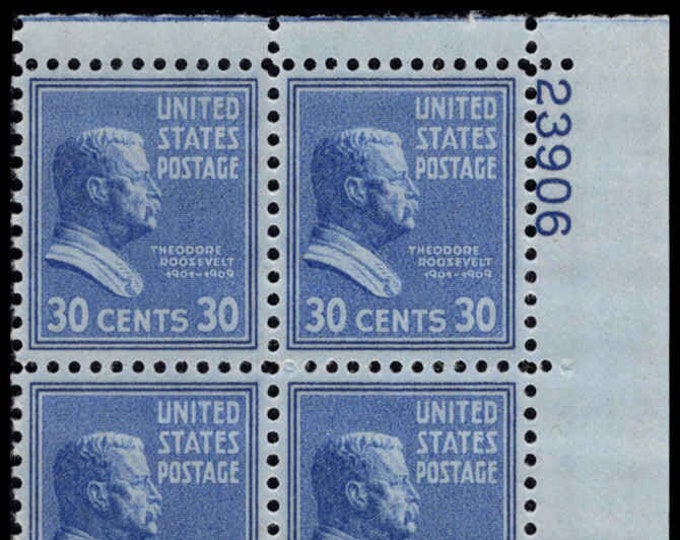 1938 Theodore Roosevelt Plate Block of Four 30-Cent US Postage Stamps Mint Never Hinged