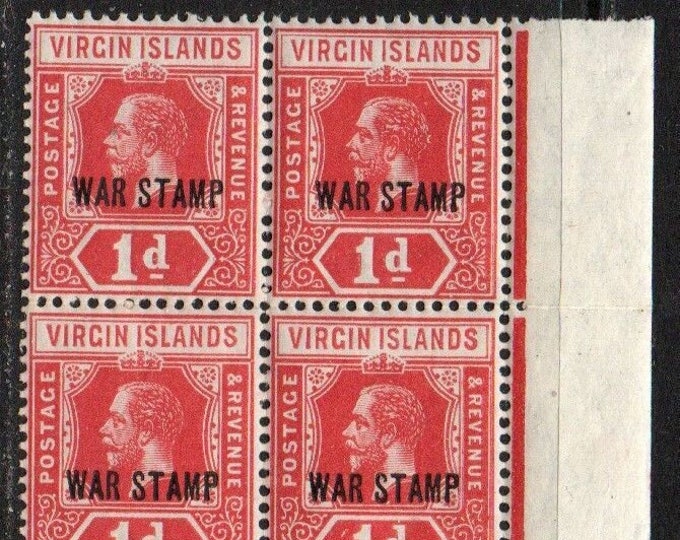 King George V Block of Four Virgin Islands Postage Stamps With War Tax Overprint Issued 1917