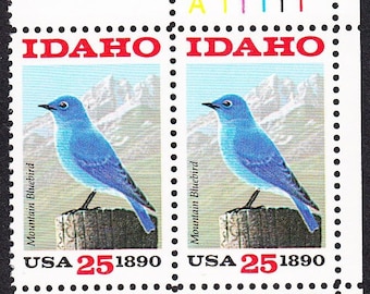 Idaho Bluebird Plate Block of Four 25-Cent United States Postage Stamps Issued 1990