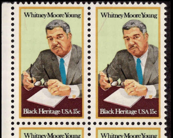 1981 Whitney Moore Young Plate Block of Four 15-Cent United States Postage Stamps