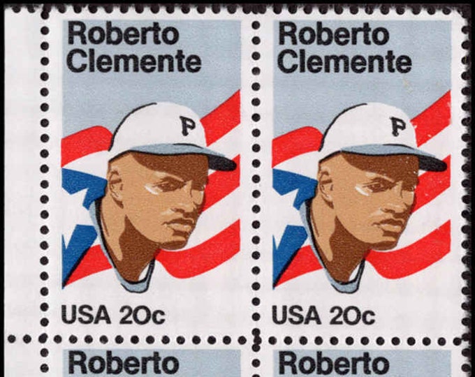 Roberto Clemente Baseball Player Plate Block of Four 20-Cent United States Postage Stamps Issued 1984