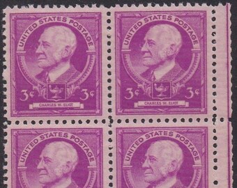 Charles W Eliot Plate Block of Four 3-Cent United States Postage Stamps Issued 1940