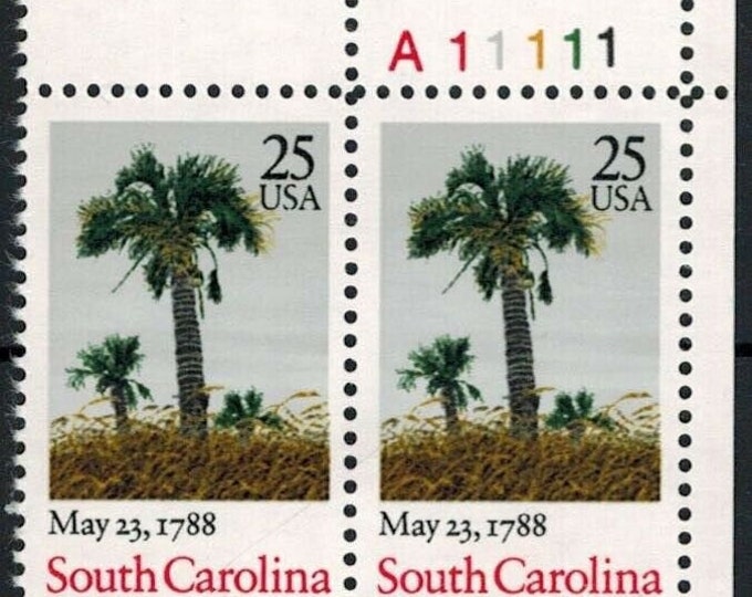 1988 South Carolina Statehood Plate Block of Four 25-Cent United States Postage Stamps