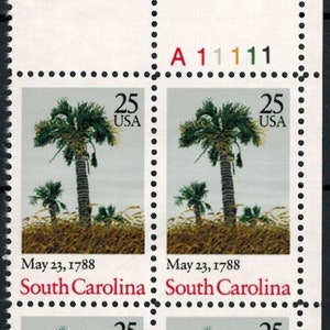 1988 South Carolina Statehood Plate Block of Four 25-Cent United States Postage Stamps