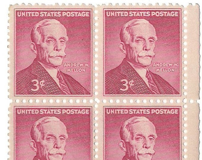 Andrew Mellon Plate Block of Four 3-Cent United States Postage Stamps Issued 1955