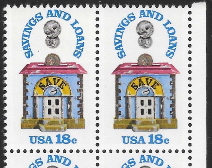 1981 Savings and Loans Sesquicentennial Plate Block of Four 18-Cent United States Postage Stamps