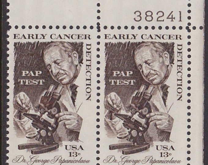 1978 Early Cancer Detection Dr Papanicolaou and Microscope Plate Block of Four 13-Cent US Postage Stamps