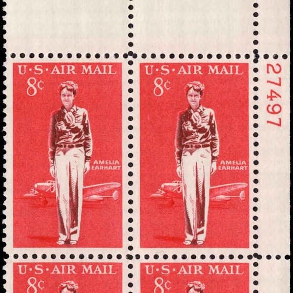 1963 Amelia Earhart Plate Block of Four 8-Cent United States Airmail Postage Stamps