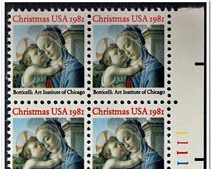 1981 Madonna and Child Plate Block of Four 20-Cent United States Postage Stamps