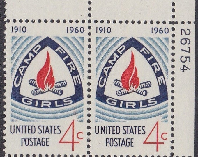 Camp Fire Girls Plate Block of Four 4-Cent United States Postage Stamps Issued 1960