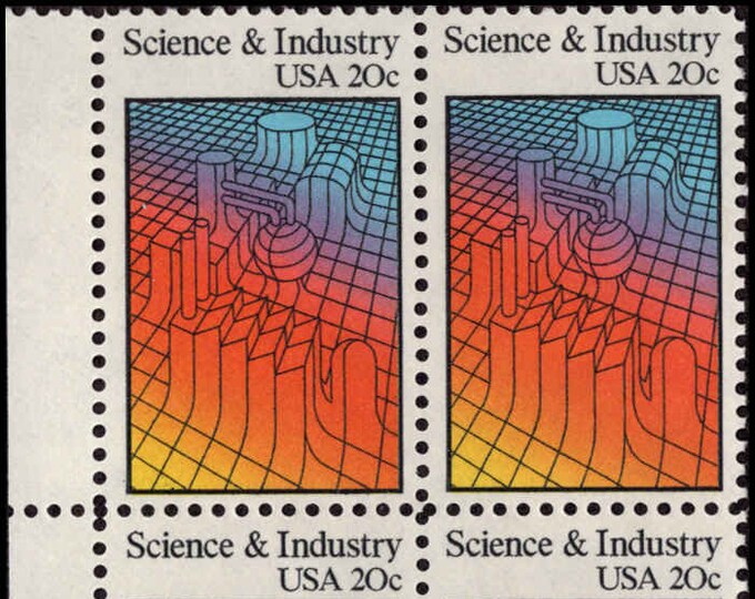 Science and Industry Plate Block of Four 20-Cent United States Postage Stamps Issued 1983