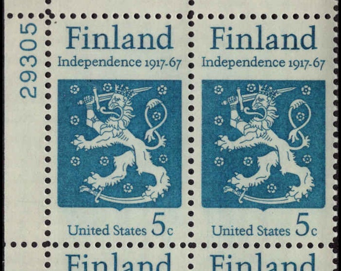 1967 Finland Independence Plate Block of Four 5-Cent US Postage Stamps