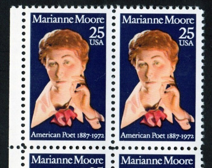 Marianne Moore Plate Block of Four 25-Cent United States Postage Stamps Issued 1990