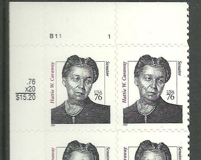 Hattie Caraway Plate Block of Four 76-Cent United States Postage Stamps Issued 2001