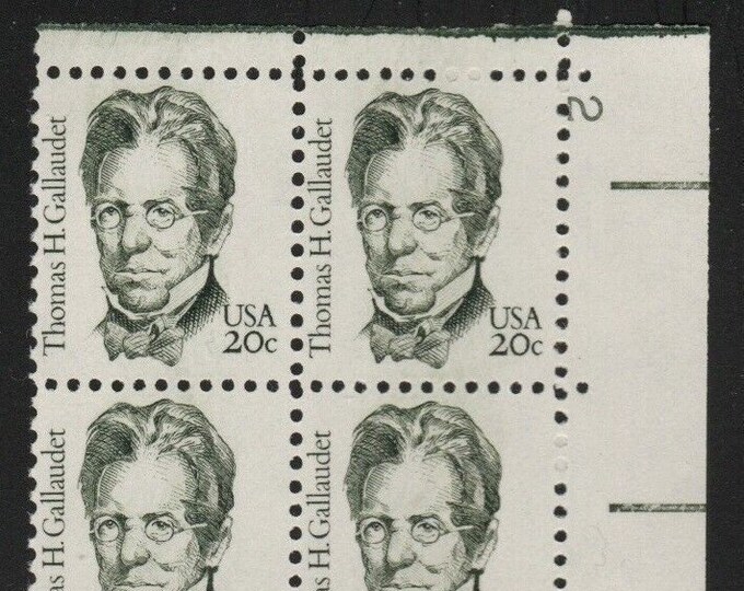 1983 Thomas H. Gallaudet Plate Block of Four 20-Cent United States Postage Stamps