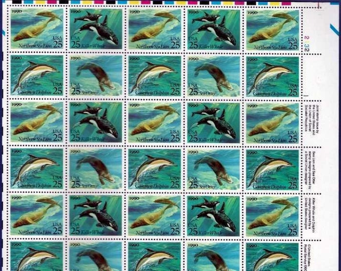 Creatures of the Sea Sheet of Forty 25-Cent US Postage Stamps 1990 Mint Never Hinged