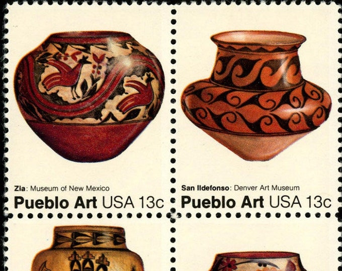 1977 Pueblo Pottery Block of Four 13-Cent United States Postage Stamps