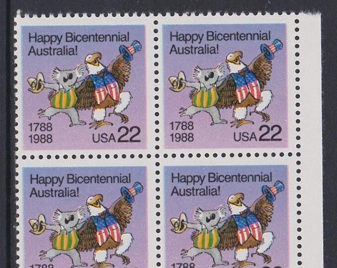 1988 Australia Bicentennial Plate Block of Four 22-Cent United States Postage Stamps