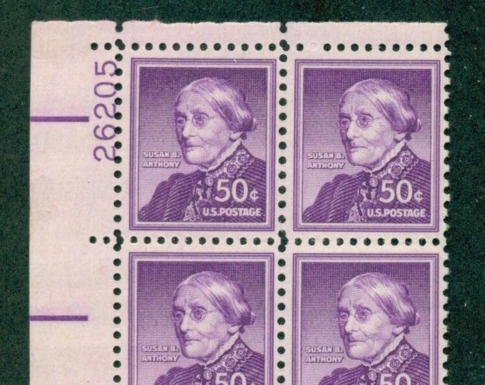 1958 Susan B. Anthony Plate Block of Four 50-Cent United States Postage Stamps