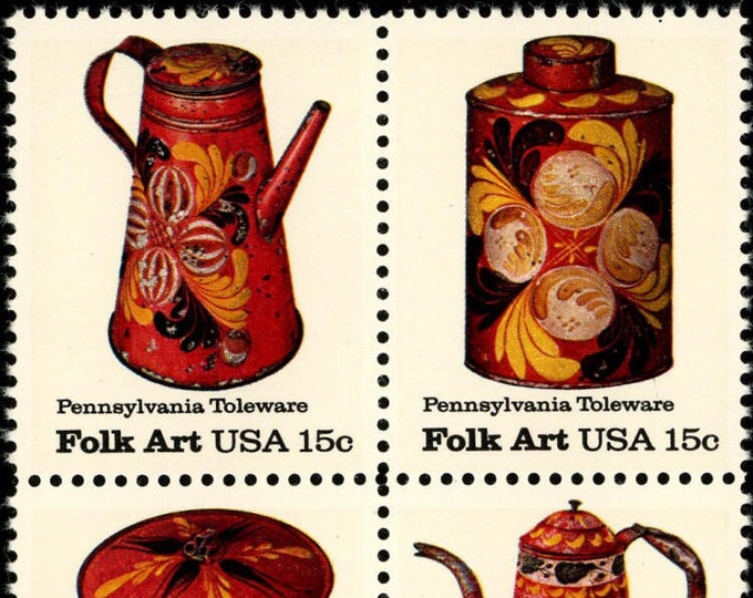 Pennsylvania Toleware American Folk Art Block of Four 15-Cent United States Postage Stamps