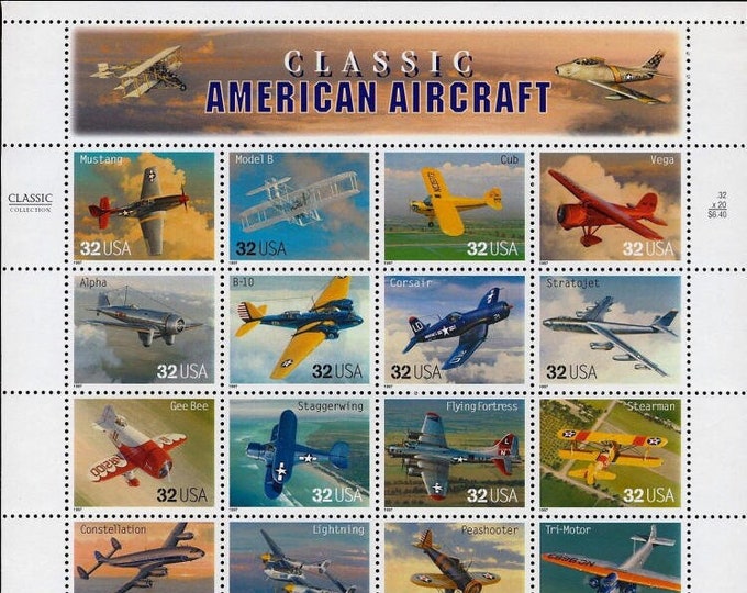 Sheet of Twenty 32-Cent United States Postage Stamps 1997 Classic American Aircraft