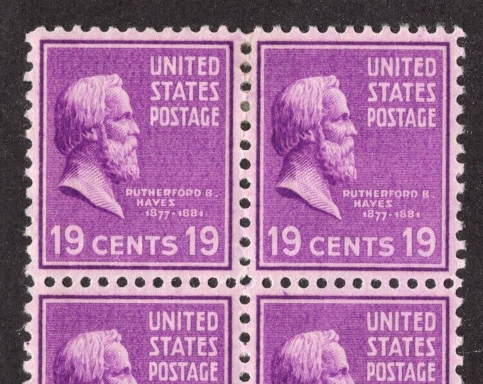 Rutherford B Hayes Block of Four 19-Cent United States Postage Stamps Issued 1938