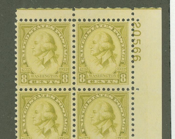 Washington Bicentennial Plate Block of Four 8-Cent United States Postage Stamps Issued 1932