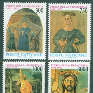 May include: A sheet of four postage stamps featuring artwork by Piero della Francesca. The stamps depict religious figures and scenes, with denominations of 300, 750, 1000, and 3000. Each stamp includes the text "POSTE VATICANE".