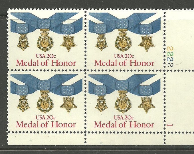 Medal of Honor Plate Block of Four 20-Cent United States Postage Stamps Issued 1983