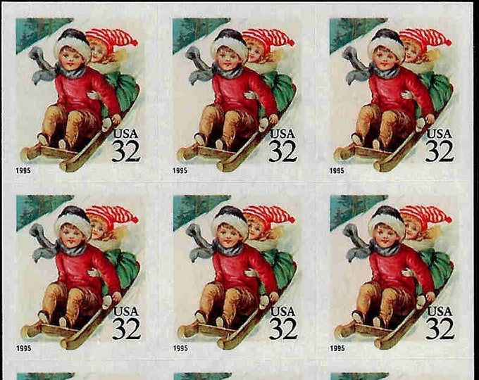 Children Sledding Christmas Booklet Pane of Eighteen 32-Cent US Postage Stamps Issued 1995