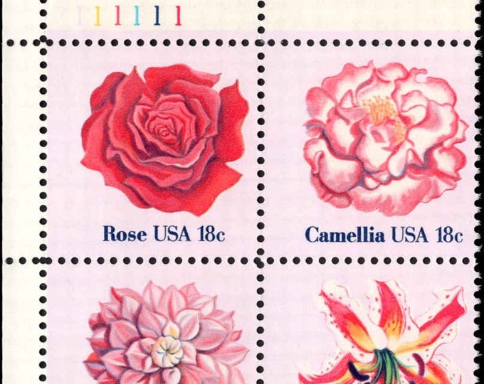 Flowers Plate Block of Four 18-Cent United States Postage Stamps