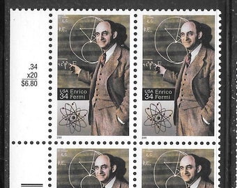 Enrico Fermi Plate Block of Four 34-Cent United States Postage Stamps Issued 2001