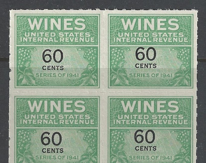 Wine Revenue Stamps Block of Four 60-Cent United States Wine Revenue Stamps Issued 1942