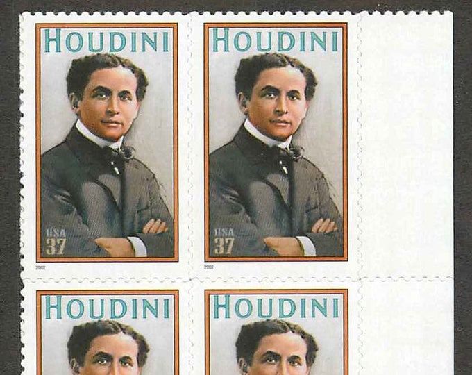 Houdini Plate Block of Four 37-Cent United States Postage Stamps Issued 2002