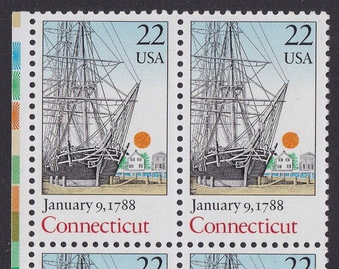 1987 Connecticut Statehood Plate Block of Four 22-Cent United States Postage Stamps
